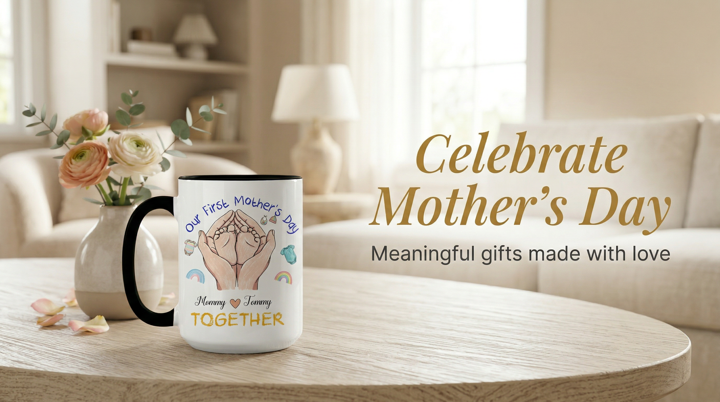 Mug with 'One Mother's Day Together' design on a table with decorative elements and text about Mother's Day gifts.1621243260e1af0c20-2